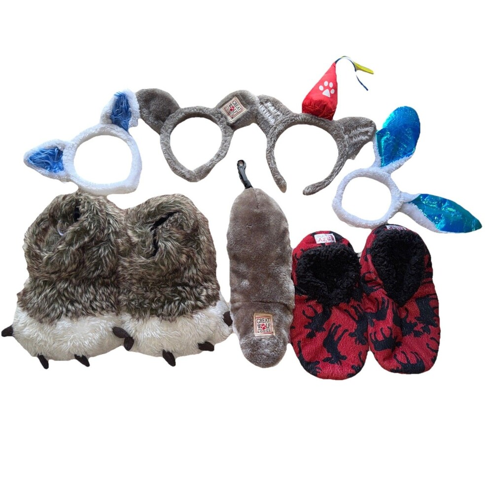 Great Wolf Lodge Kid's Youth 4-6 Slippers-clip On Wolf Tail-4 headbands Bundle
